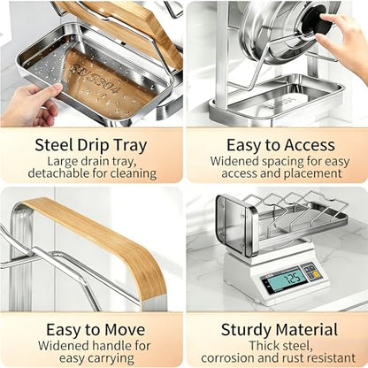 Pot Lid Holder & Spoon Rest – Countertop Organizer for Lids, Spoon, Spatulas, Cutting Board – Stove Top Stand with Removable Drip Tray, 304 Stainless Steel, 2-Tier