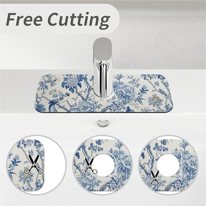 Kitchen Sink Splash Guard，Blue flowers and birds-1 Faucet Mat Sink Gadgets-Super Absorbent Fast Drying Mat Drip Catcher for Kitchen, Bathroom,Sink Mat, Dish Drying Mat, Bathroom(15" X 5.5" ) - color: Blue flowers and birds-1