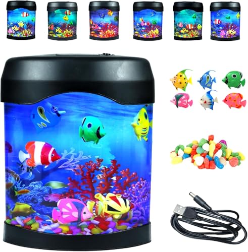 Fake Fish Tank Night Light, 6 Color Changing Aquarium Mood Lamp with Moving Fishes, Artificial Fish Tank Desk Lamp for Home Decor Bedroom Office, Gift for Kids Adults ADHD Autism
