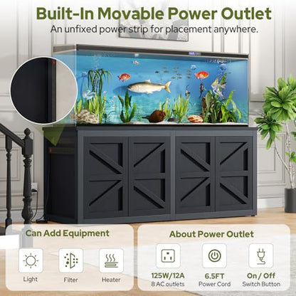 knoworld 180-200 Gallon Fish Tank Stand with Built-in Power Outlet, 71.6" L x 23.6" W Heavy Duty Aquarium Stand with Cabinet Storage, 3500 LBS Steel Frame Terrarium Base for Living Room Display, Black