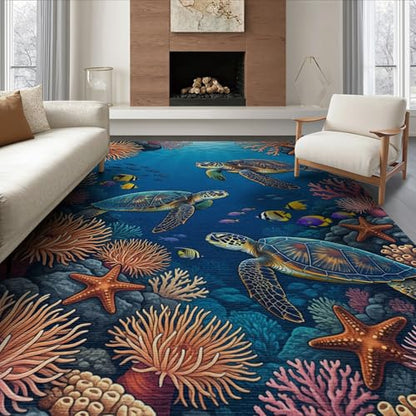 8'x10' Washable Graphic Turtle Large Rug, Teal Non-Shedding Pet Friendly Carpet for King Size Bedroom, Master Suite, Under Bed, Foldable Easy Care Mat | Ref:1955521 - color: Blue/Pattern 24, size: 8' x 10' (Rectangular)