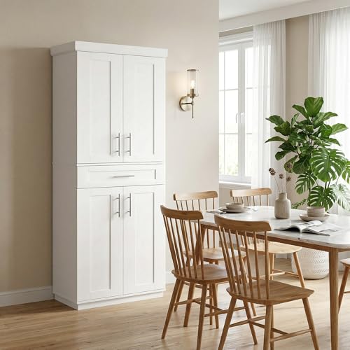 HOMCOM 72" Kitchen Pantry Cabinet, Freestanding Tall Storage Cabinet with 4 Doors, Drawer and 3 Adjustable Shelves for Dining Room, White - color: White