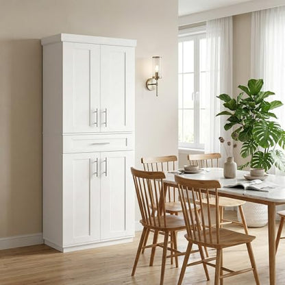 HOMCOM 72" Kitchen Pantry Cabinet, Freestanding Tall Storage Cabinet with 4 Doors, Drawer and 3 Adjustable Shelves for Dining Room, White - color: White
