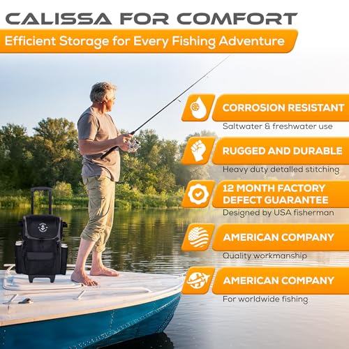 Calissa Offshore Rolling Fishing Tackle Box with Wheels, Waterproof Fishing Backpack with Rod Holders Storage Bag Roller