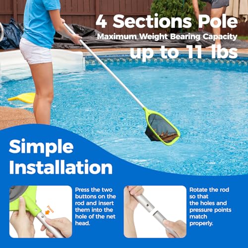 Swimming Pool Skimmer Net 57 inches, Leaf Rake Net with 4 Section Telescopic Aluminum Pole for Fast Cleaning Ponds, Hot Tub, and Spas, Pool Cleaner Supplies and Accessories
