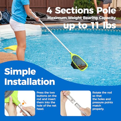 Swimming Pool Skimmer Net 57 inches, Leaf Rake Net with 4 Section Telescopic Aluminum Pole for Fast Cleaning Ponds, Hot Tub, and Spas, Pool Cleaner Supplies and Accessories
