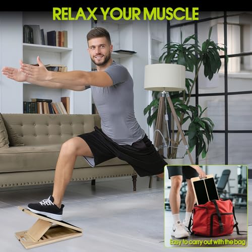 Slant Board, Wooden 5‑Angle Calf Stretcher Non‑Slip for Plantar Fasciitis & Achilles Pain Relief, 350 LBS Portable Therapy Foot Stretcher with Training Poster, Relief Leg Heel Ankle Pain