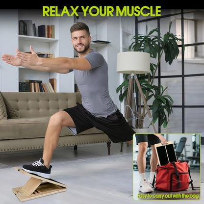 Slant Board, Wooden 5‑Angle Calf Stretcher Non‑Slip for Plantar Fasciitis & Achilles Pain Relief, 350 LBS Portable Therapy Foot Stretcher with Training Poster, Relief Leg Heel Ankle Pain