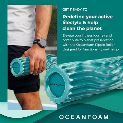 Oceanfoam Ripple Travel Foam Roller (11" x 3.35") Firm Mini Foam Roller for Physical Therapy, Deep Tissue Massage, Back Pain - High Density, Wave Textured - Yoga, Exercise (Jade & Seafoam Marbled) - color: Jade & Seafoam Marbled