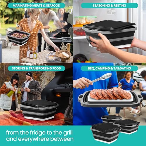 Collapsible BBQ Prep Tub with Lids & Drain Spouts, 3 Pack Portable Meat Marinating & Grilling Trays, Cutting Board Food Storage Containers for Outdoor Cooking & Camping, Great Fathers Day Gift for Dad