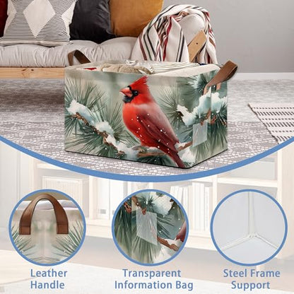 Red Cardinal Storage Baskets,Snow Winter Foldable Organizer Bin with Handles for Home Living Room Bedroom Closet Box 17x11.5x10Inch - color: Red Cardinal Snow Winter