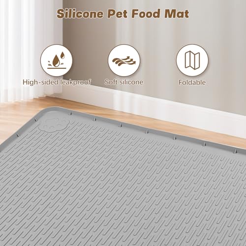 Cat Food Mat, 40" x 28" Cat Litter Mat Extra Large Silicone Pet Feeding Mat with Raised Edge Pet Placemat for Food and Water Bowl Non-Slip, Easy to Clean, Floor Protection (Light Gray) - color: Light Gray Mat