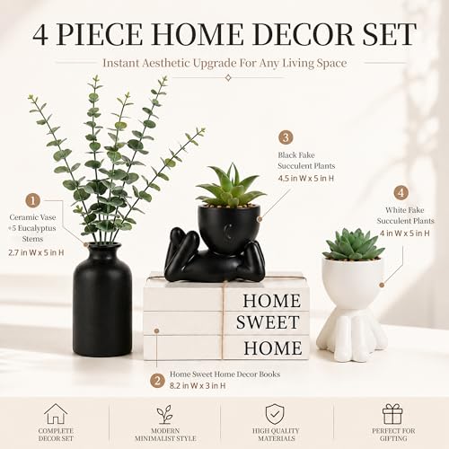 4PCS Farmhouse Home Decor Set, 3Pcs Faux Books + 2Pcs Fake Succulents Plants + 1Pcs Ceramic Vase with 5Pcs Eucalyptus Stems, for Room Shelf Table Decor Aesthetic Indoor