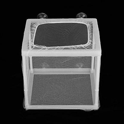 Fish Breeder Box Aquarium Incubator Transparent Plastic Isolation Tank for Newborn Fry Protection 15.7x14x14.9cm with 4 Suction Cups Mesh Net and Stand Columns