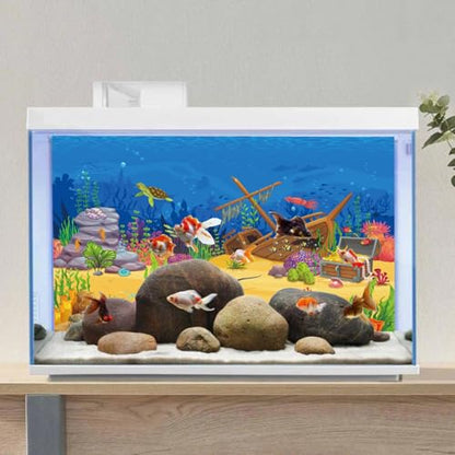 AWERT 36x18 inchesCartoon Underwater Landscape Aquarium Background Tropical Coral Reef Sea Animals Terrarium Background Deep Blue Ocean Fish Crab Treasure Chest Sea Turtle Fish Tank Backdrop - size: 36x18in/90x45cm
