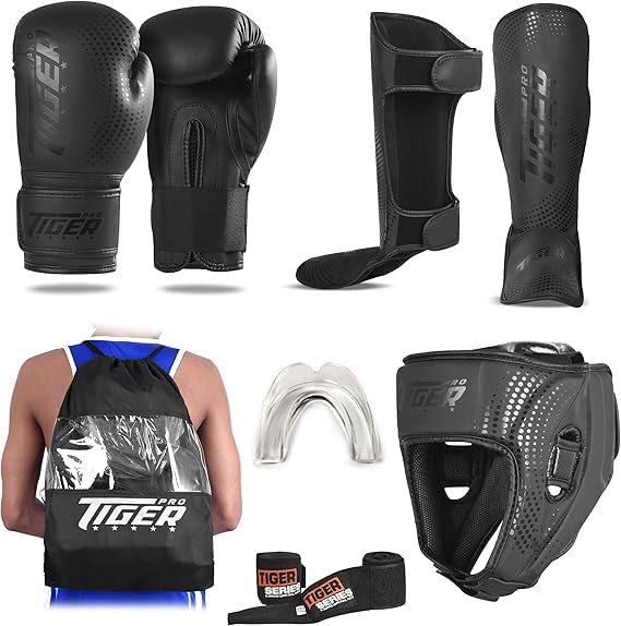 Kids Sparring Set, Youth Unisex, 6oz & 8oz, Gloves, Shin Guards, Hand Wraps, Helmet, Gum Shield, for Kickboxing, Muay Thai, Taekwondo, - size: Small