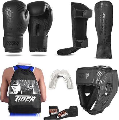 Kids Sparring Set, Youth Unisex, 6oz & 8oz, Gloves, Shin Guards, Hand Wraps, Helmet, Gum Shield, for Kickboxing, Muay Thai, Taekwondo, - size: Small