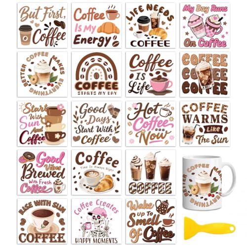 Peacoblue 18 Sheets Rub on Transfers for Crafts, Coffee and Words 3.6"x3.9" UV DTF Cup Wraps Waterproof Rub on Cold Transfers Stickers for Wood Glass Metal Cup Tumblers Mirrors Mugs Home Decor - style: Coffee and Words