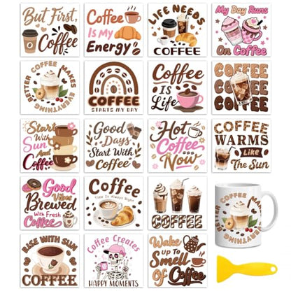 Peacoblue 18 Sheets Rub on Transfers for Crafts, Coffee and Words 3.6"x3.9" UV DTF Cup Wraps Waterproof Rub on Cold Transfers Stickers for Wood Glass Metal Cup Tumblers Mirrors Mugs Home Decor - style: Coffee and Words