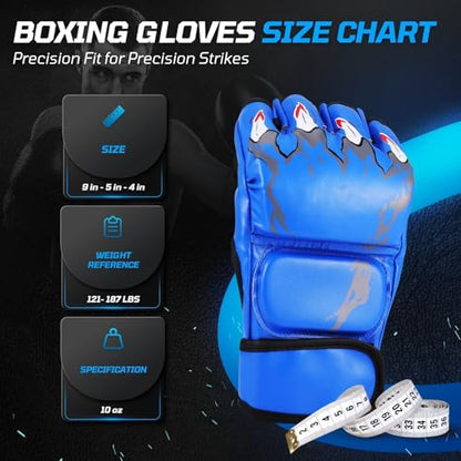 Flexzion MMA Gloves Fingerless Boxing Gloves for Men Women and Teen Youth, UFC Grappling Krav MAGA Kickboxing Gloves for Training Punching Bag Muay Thai Hitting Mitts Cutoff Martial Art Gloves - color: Blue