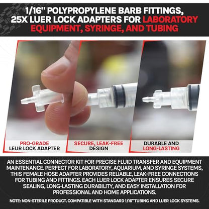Female Luer Lock Adapter to 1/16" Hose Barb, PP Polypropylene Female Luer Lock Connector to 1/16 Tube Fitting, Barb Connector for Tubing, Syringe Adapter for Laboratory Equipment 25 Pieces - style: Female 25x