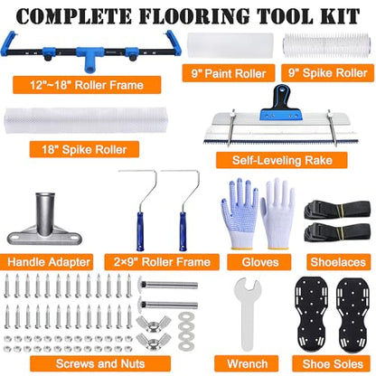 18-Inch Self-Leveling Cement Tool Kit, Upgraded Spike Roller Set with 9-Inch Spike Roller, Epoxy Shoes Spikes & Gloves, Floor Leveling Tools for Epoxy & Concrete Coating (5)