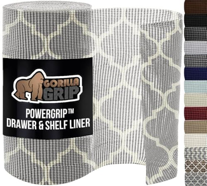 GORILLA GRIP powerGRIP Drawer Shelf and Cabinet Liner, Thick Strong Hold, Non-Adhesive Liners Protect Kitchen Cabinets and Cupboard, Bathroom Drawers, Easy Install, Breathable Mat, 12" x10' Quatrefoil - color: Quatrefoil: Gray/White, style: 12" x 10'