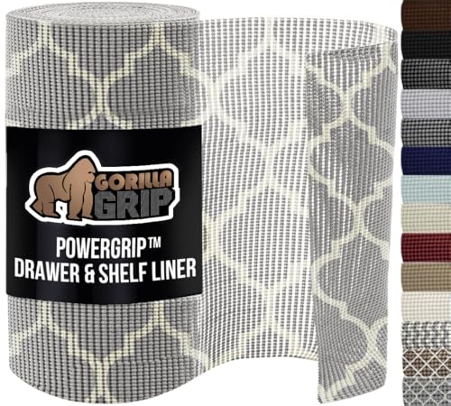 GORILLA GRIP powerGRIP Drawer Shelf and Cabinet Liner, Thick Strong Hold, Non-Adhesive Liners Protect Kitchen Cabinets and Cupboard, Bathroom Drawers, Easy Install, Breathable Mat, 12" x10' Quatrefoil - color: Quatrefoil: Gray/White, style: 12" x 10'