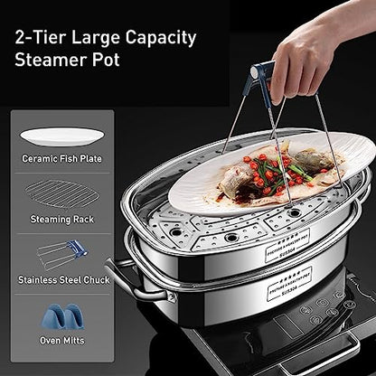 2-Tier Stainless Steel Fish Steamer - Multi-Use Square Steaming Cookware with Rack, Ceramic Plate, Chuck, Oven Mitts - Stockpot for Steaming Fish, Boiling Soup