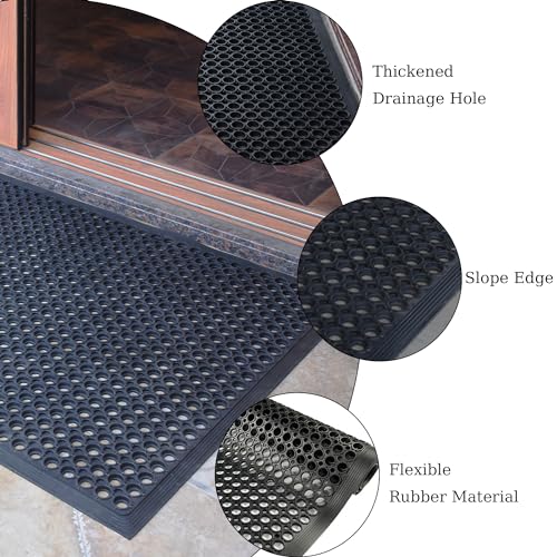 2 Pack Rubber Floor Mat, 36"x60" Anti-Fatigue Door Mat w/Holes for Restaurant, Kitchen, Bar, Indoor/Outdoor, Black