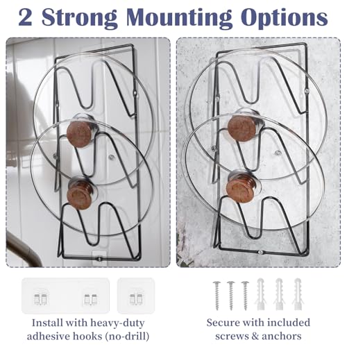 4-Pack Pot Lid Organizer – Heavy-Duty Metal Total 12 Tier Lid Rack for Cabinet, Wall, or Door, No-Drill Adhesive Mount – Space-Saving Kitchen Storage (Black)