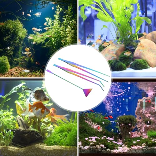 3pcs Colored Titanium Coated Stainless Steel Aquarium Tools Kit Tweezers and Spatula Set for Fish Tank Water Plants Cleaning