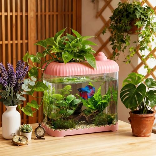 Pink 2 Gallon Plastic Aquaponic Betta Fish Tank Large Bowl Shatterproof Small Ecosystem Aquarium with Secure Buckle Lid, Clear Clarity for Terrarium, Flower Vase Betta Fish Tabletop Gifts - color: Pink