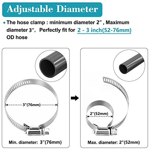 Hose Clamp, Stainless Steel Hose Clamps 2 Inch to 3 Inch, Large Adjustable Worm Gear Hose Clamps Assortment Kit Pipe Tool for Fuel Line, Plumbing, Automotive Mechanical, 10 PCS Hose Clamp Set
