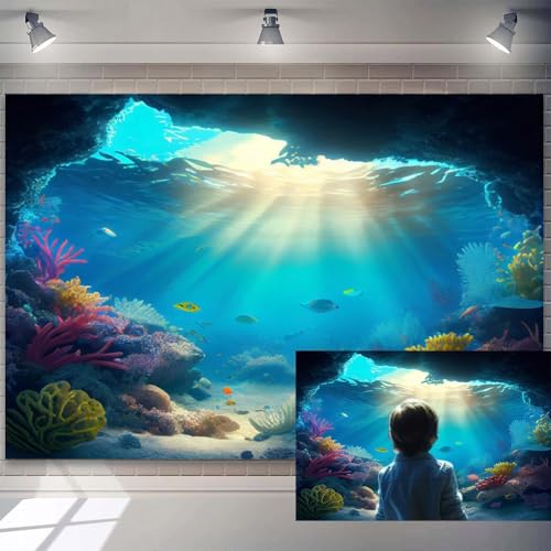 6x4ft Under The Sea Backdrop Summer Blue Ocean Fish Coral Photography Background Underwater Cave Sunlight Deep Sea Scenery Backdrops Fish Tank Background Aquarium Wallpaper Photo Booth Props