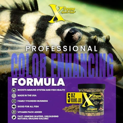 Xtreme Scrapers Wafers - Premium 14mm Fast-Sinking Fish Food – Nutrient & Cellulose Rich Ideal for Nocturnal Feeders, Catfish, Plecostomus Species, and Loaches – USA Farm Grown (5oz) - size: 5oz