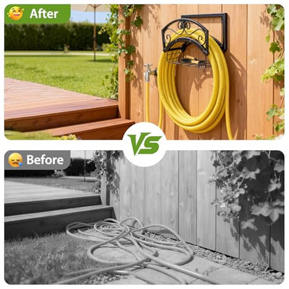 Garden Hose Holder Wall Mount, Heavy Duty Metal Water Hose Holder with Basket for Outside, Hose Storage Holds 150FT Water Pipe for Yard, Lawn, Garden, Farm, Gifts for Women Men - style: Wall Mount with Bracket