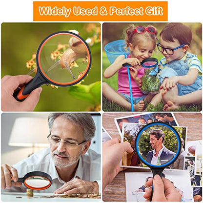 2PCS Upgrade 10X Magnifying Glass, Large Handheld Magnifier Magnafying. Glasses for Kids/Seniors Reading, 3 Inch Shatterproof Lupa Magnify Glass Lens, Rubber Handle - for Observation