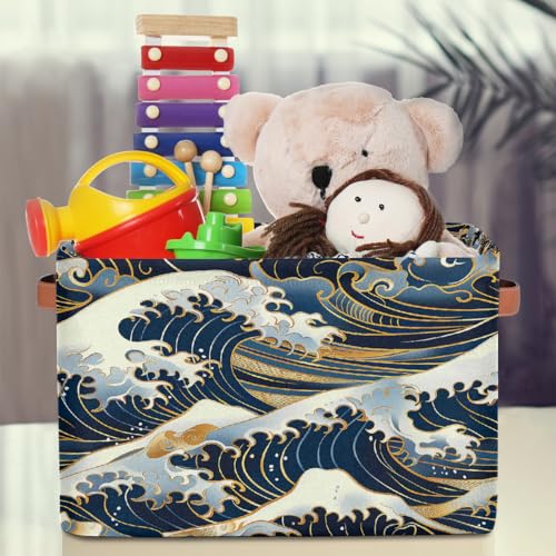 Ocean Waves Japanese Storage Basket with Handles Collapsible Storage Bins Rectangular Toy Storage Organizer Box Fabric Shelf Baskets for Nursery Bedroom Bathroom 1PC