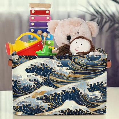 Ocean Waves Japanese Storage Basket with Handles Collapsible Storage Bins Rectangular Toy Storage Organizer Box Fabric Shelf Baskets for Nursery Bedroom Bathroom 1PC