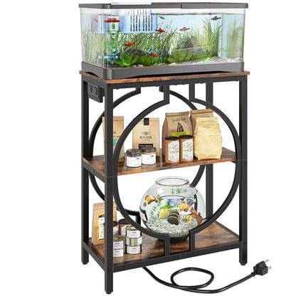 10 Gallon Aquarium Stand with Power Outlet, 3 Tier Heavy Duty Metal Fish Tank Stand with Storage, Fish Tank Table for Home Office, 21.3" x 11.8" x 29", Rustic Brown - size: 10 Gallon