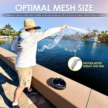 American Cast Fishing Net for Bait Trap Fish: 4ft/ 6ft/ 8ft Sizes for Saltwater & Freshwater Fishing - Enhanced with Heavy-Duty Zinc Sinker Weights - size: Large
