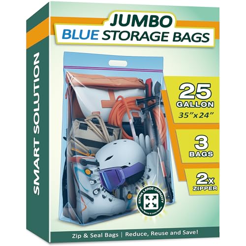 25 Gallon 4 Mil Thick Clear Zipper Storage Bags with Handles, 3 Packs 24"x35" Heavy Duty for Clothing, Pillows, Travel, and Moving, Blue