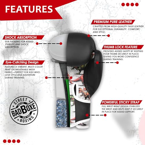 Kids Boxing Gloves 6oz | Boxing Gloves for Kickboxing Muay Thai MMA | Bag Gloves for Punching Bag - color: Dinosaur Black