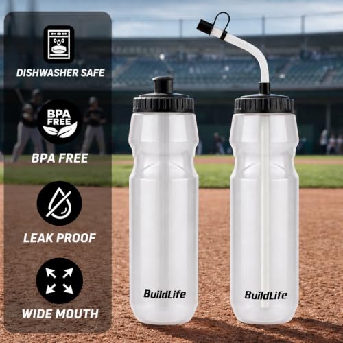 BuildLife Hockey Water Bottle with Long Straw, 32 OZ, 2 Pack, Clear - color: Clear
