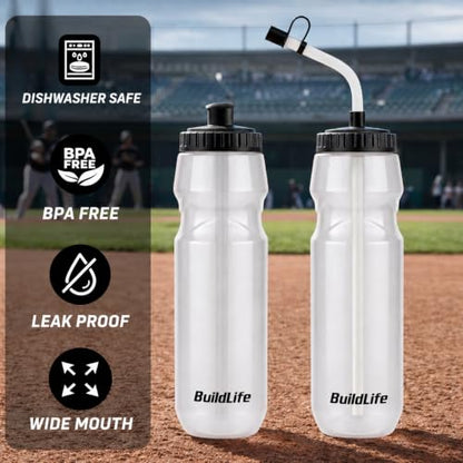 BuildLife Hockey Water Bottle with Long Straw, 32 OZ, 2 Pack, Clear - color: Clear