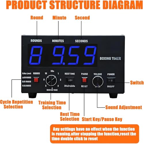 Professional Gym Timer Classic Boxing Interval Timer with Beep Portable Boxing Training Timer with LED Display 1-12 Challenge Rounds Gym Interval Timer Blue