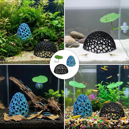 4-Piece Breeding Sanctuary Set with Egg-Shaped and Half-Round Caves, Shrimp Hides for Aquarium,Plastic Aquarium Decorations for Betta Fish and Nano Tanks, Safe Molting Shelters with Leaf Accents
