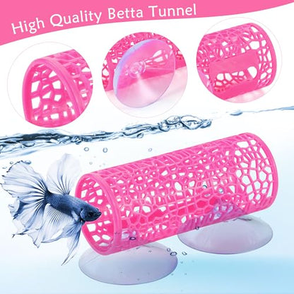 Betta Fish Tunnel Tank Accessories Safe Hollow Hammock Cave Aquarium Fish Toy Decor Hideout Tube Shelter with Suction Cups for Small Fish Shrimp Reptile Guppies Habitat (Hot Pink)