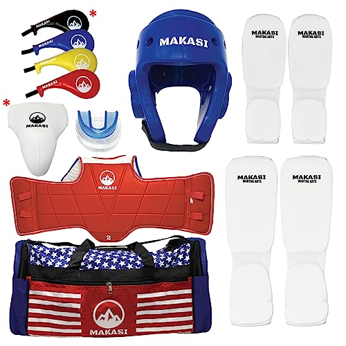 Martial Arts Taekwondo Sparring Gear Equipment Set Headgear Cloth Shin Instep Arm Chest Mouthguard Bag - color: Blue